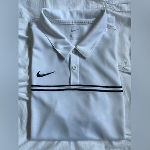 Nike. Mens White Golf Polo with charcoal gray Stripe Detail, small